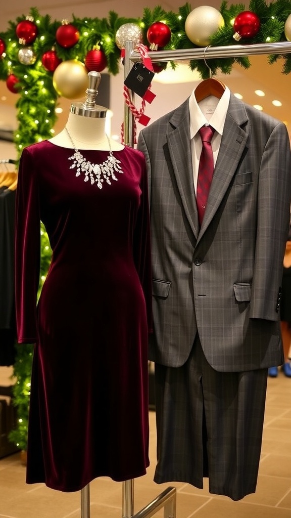 A classy Christmas dinner outfit display with a velvet dress and a tailored suit in a festive setting.